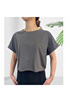 Crop Bisiklet Yaka Antrasit Pamuklu T-shirt Sportwear