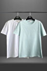 Unisex 2'li Beyaz Mint Düz Basic Tişört %100 Pamuklu