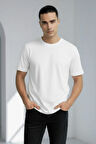 Unisex Düz %100 Pamuk Bisiklet Yaka Beyaz Basic Tişört