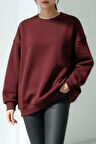 Bordo Kadın Polarlı Sıcak Tutan Örme 3 Iplik Pamuk Basic Sweatshirt