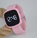 Pembe Silikon Kordonlu Beyaz Led Rakamlı Tuşlu Takvimli Genç Kadın Kol Saati Mls-1005