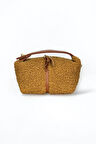 Boucle Kumaş Omuz Çantası, Kahverengi Deri Detaylı, Altın Rengi Metal Aksesuarlı, Karamel
