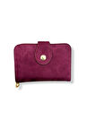 Kadın Süet Mini Cüzdan, Fermuarlı, Bordo, 8 Kartlık, Metal Düğmeli