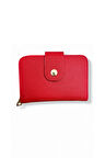 Kompakt Kadın Cüzdanı, Kırmızı, Fermuarlı, Çok Bölmeli, Gold Detaylı