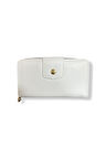 Kadın Cüzdan, Fermuarlı, Çok Bölmeli, Beyaz Deri, Metal Düğmeli