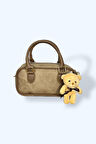 Mini El Çantası, Bej Süet, Ayıcık Aksesuarlı, Çift Saplı
