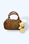 Süet Mini Boston Çanta, Kahverengi Deri Detaylı, Ayıcık Aksesuarlı