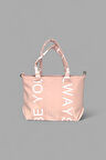 Kadın Omuz Çantası, Pembe, Beyaz Yazılı, Fermuarlı, Çift Saplı