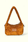 Peluş Omuz Çantası, Karamel Rengi, Fermuarlı, Deri Etiketli