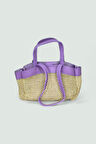 Hasır Dokuma Kadın Omuz Çantası, Lila Renk Detaylı, Çift Saplı, Makyaj Çantalı Set