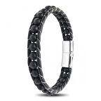 Moncuk Design 6Mm Mat Oniks Taşlı Deri Kordon Ve Çelik Bileklik 33512B2D6M1