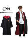 Harry Potter Gryffindor Kapişonlu Cübbe Çocuk Boy Asa Gözlük 3 Parça Set - 5-6 Yaş