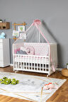 Ahşap Beşik Anne Yanı Beşik Beyaz 70x130 - Pembe Yıldız 3 Yastıklı Uyku Seti + Yataklı
