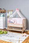 Ahşap Beşik Anne Yanı Beşik Organik 70x130 - Pembe Yıldız 3 Yastıklı Uyku Seti+Yataklı+Tekerlekli