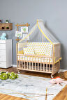 Ahşap Beşik Anne Yanı Beşik Organik 70x130 - Sarı Yıldız 1 Yastıklı Uyku Seti + Yataklı + Tekerlekli