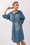 Kadın Lyocel Denim Kol Britli Kordonlu Elbise