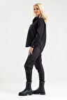 Bold & Young Kadın Siyah Fermuarlı Cepli Gömlek Üst – Uzun Kollu Spor Şık Tasarım