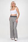 Bold and Young Beli Lastikli Çizgili İpliği Boyalı Bol Palazzo Pamuklu Pantolon