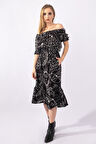 Bold & Young Kadın Siyah Zemin Baskılı Lastikli Yaka Lastikli Kol Kuşaklı dokuma Viskon Cepli Elbise