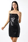Siyah Metalik Pul Payetli Askılı Degaje Yaka Mini Abiye Elbise Tasarım Hediye Büyük Beden