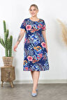 Kadın Lacivert Pembe Tropikal Desen Midi Elbise