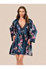 Kadın Lacivert Çiçekli Saten Gecelik Takım 008