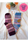 2 ÇİFT KALIN KIŞLIK YUMUŞAK ÇORAP YILBAŞI MOTİF ETNİK DESENLİ KADIN ÇORABI MAVİ MOR  36-40