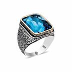 ​Gümüş Turkuaz Taşlı Kare Erkek Yüzük