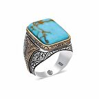 ​Gümüş  Zirkon Turkuaz Taşlı Kare Erkek Yüzük