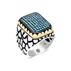 Gümüş Turkuaz Zirkon Taşlı Kare Erkek Yüzük