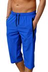 Saks Diz Altı Uzun Model Su İtici Özellikli Likralı Esnek Kumaş Erkek Plaj Deniz Kapri Şort - 941-Saks