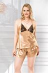 Markano  Büyük Beden Gold Saten Babydoll Şort Takımı