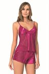 Markano  Vişne Saten Babydoll Şort Takımı