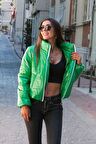 Markano Yeşil Parlak Su İtici Dik Yaka Kısa Şişme Mont