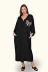 Markano Siyah V Yaka Göğsü Kelebek Nakışlı Cepli Oversize Uzun Gömlek Elbise