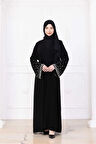 Siyah İç Elbiseli İnci ve Taş İşlemeli Kuşaklı Abaya - Ferace
