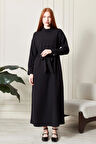 Kadın Dik Yaka Kuşak Detaylı Siyah Dokuma Elbise