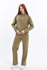 Kadın Üç Iplik Kapüşonlu Örme Haki Eşofman Takımı
