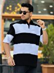 Miron Siyah Beyaz Polo Yaka Blok Parçalı Oversize Tişört