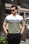 Miron Haki Beyaz Fermuarlı Triko Polo Yaka Tişört- 2419