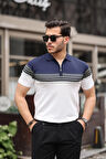 Miron Lacivert Beyaz Fermuarlı Triko Polo Yaka Tişört- 2419