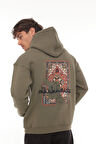 Miron Haki Sırtı Etnik Baskılı Kapüşonlu  Üç İplik Oversize Sweatshirt-2438 