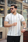 Miron Beyaz Dikey Çizgili Polo Yaka Kısa Kollu Tişört- 2502