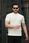 Miron Ekru Sıfır Yaka Kabartma Triko Kısa Kollu Tişört- 2430