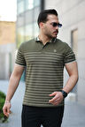 Miron Haki Çizgili Polo Yaka Kısa Kollu Tişört-2515