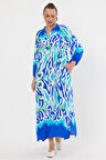 Desenli Rahat Kalıp Lastik Kol Kadın Elbise-Mavi