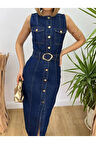 Kadın Abiye Parlak Kolsuz Kemerli Şık Düğmeli Denim Kot Midi Elbise - Abiye & Mezuniyet Elbisesi