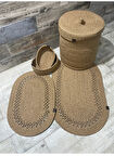 Jüt Hasır 5li Banyo Seti, Çamaşır Sepeti, Paspas Takımı, Oval Sepet-Kırçıllı Trikotlu