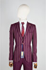 Slim Fit Bordo Takım Elbise Çizgili Desenli