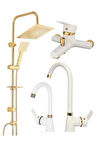 Gold Altın Kare Robot Seti Beyaz Gold Banyo Lavabo Mutfak Bataryası Musluğu Çeşmesi 4'lü Set